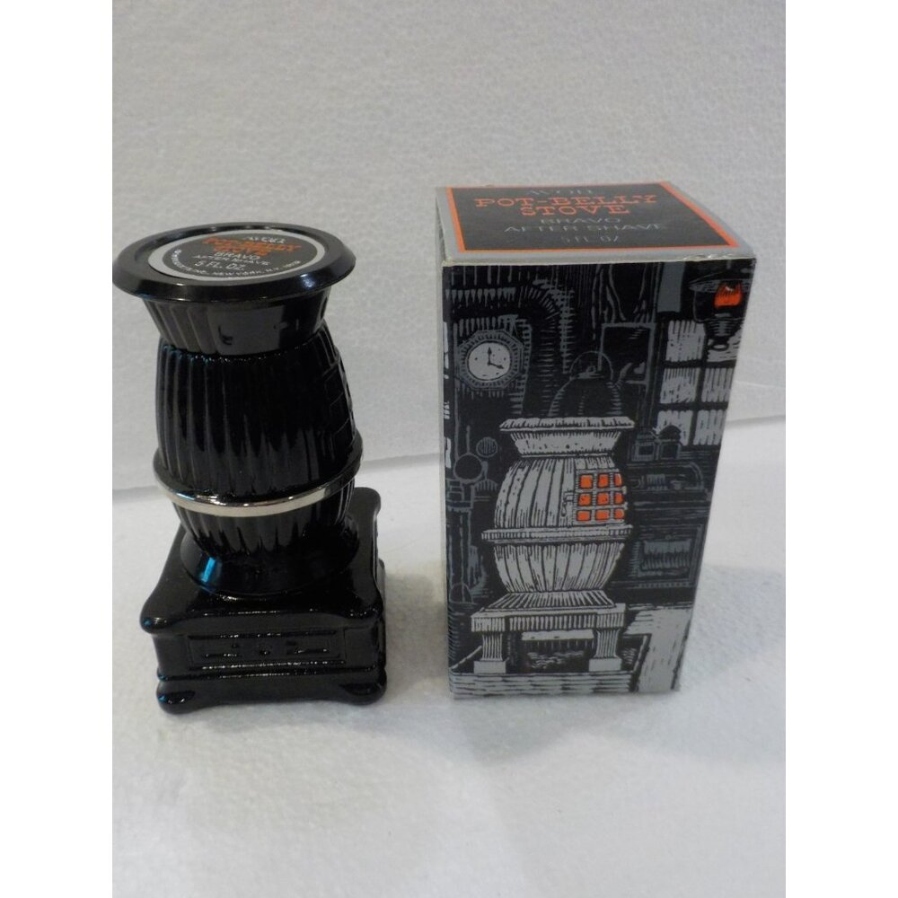 Vintage Avon Pot Belly Stove Black Glass Bravo After Shave 5 fl oz w/ Orig Box